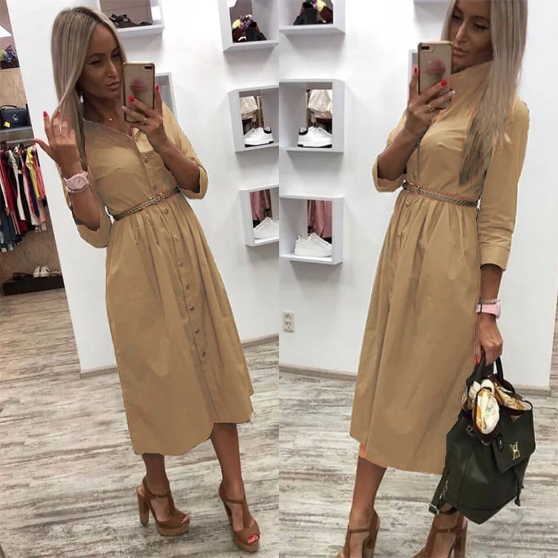 

Shirt Dress Women Casual Sashes a Line Party Dress Ladies Button Turn Down Collar OL Style Summer Solid Knee Dress vintage