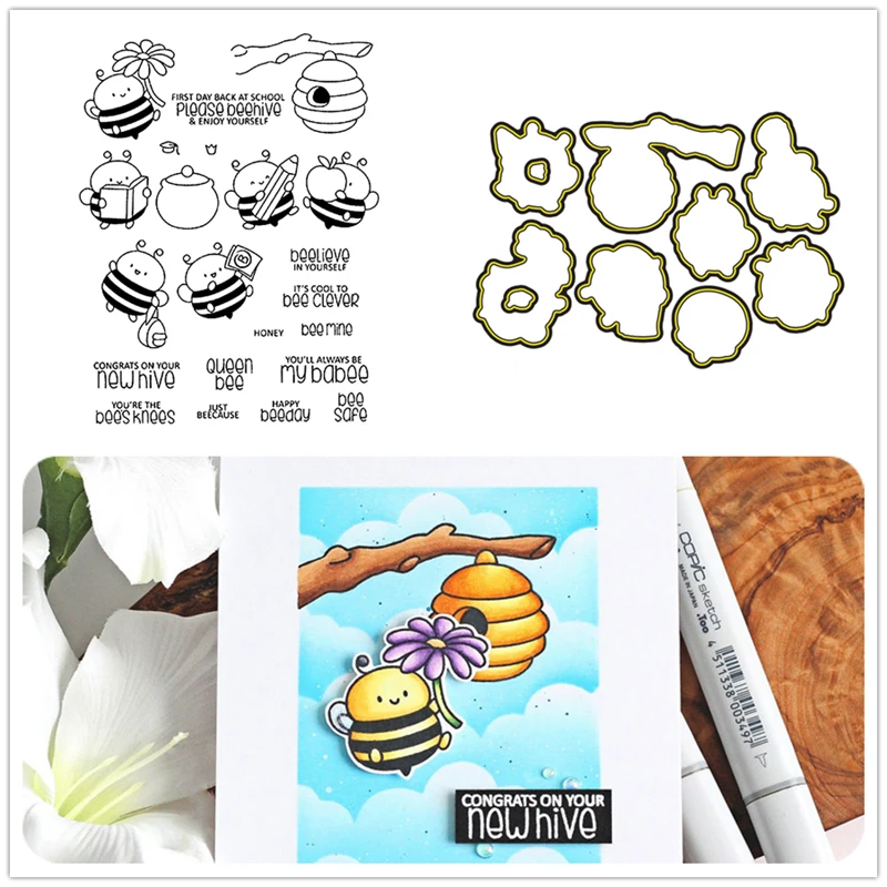 

Bee Theme Insect Honeycomb Flower Pen Letter Transparent Clear Silicone Stamp & Dies for Diy Scrapbooking Album Decor Card