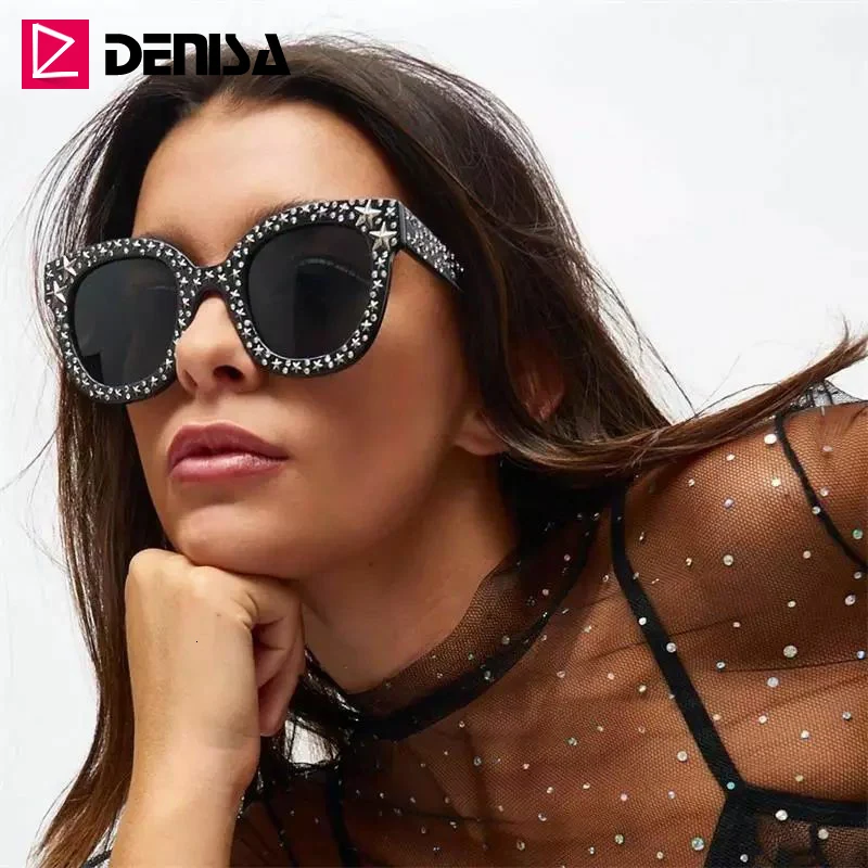 DENISA Star шипованные кошачий глаз солнцезащитные очки женские модные черные солнцезащитные очки с серебряными звездами женские солнцезащитные очки Роскошные очки G5700