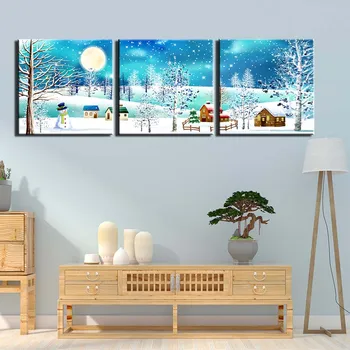 

3 Pieces Canvas Painting Modern HD Prints Art Posters Artwork Wall Art Moon Nignt Snowing Pictures for Living Room Home Decor