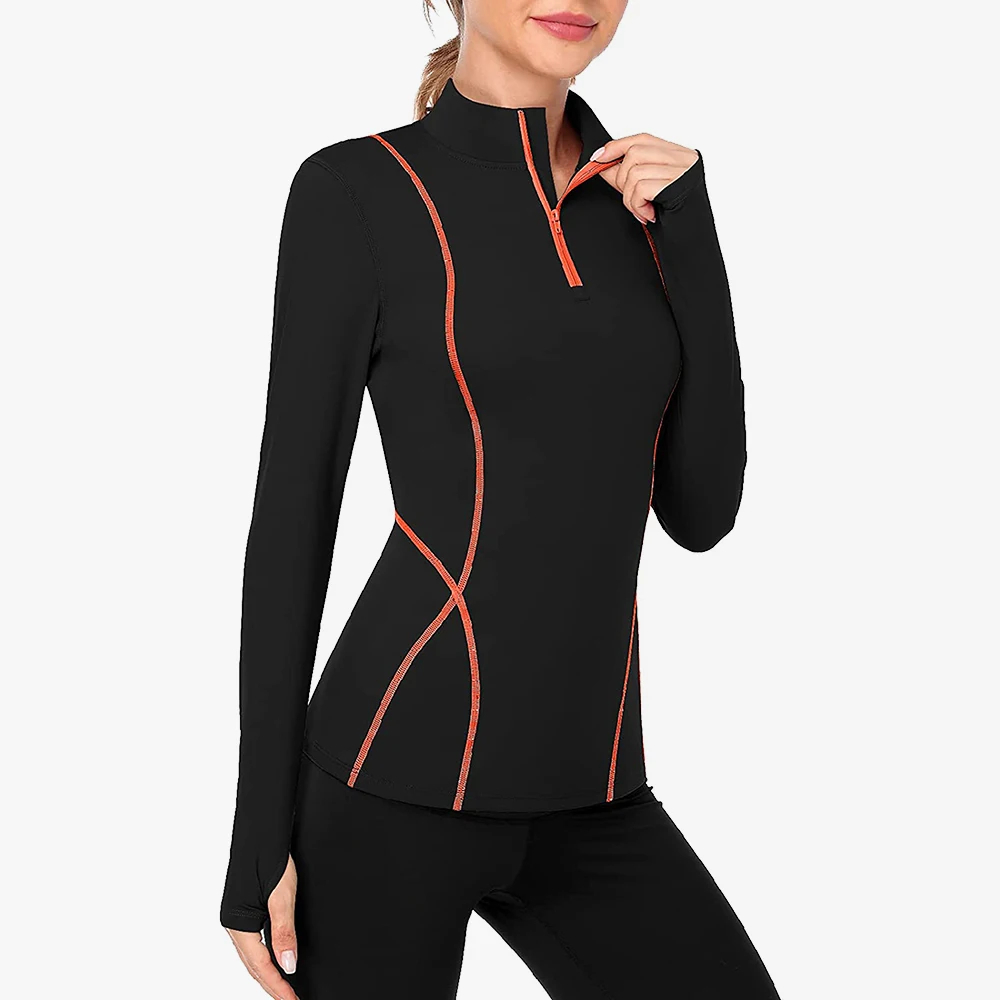 Attraco Women's Long Sleeve Workout Tops Zip Thumb Hole Athletic Running Sweatshirt Rash Guard Pullover