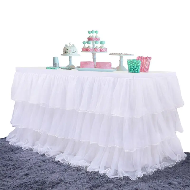 3Layer Pleated Tulle Table Skirt Ruffle Tutu Table Clothing Baby Shower Decor