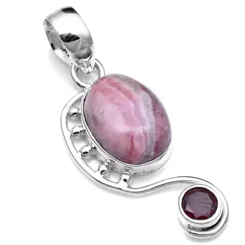 

Genuine Rhodochrosite + Garnet Pendant 925 Sterling Silver, 45 mm, 2SP0779