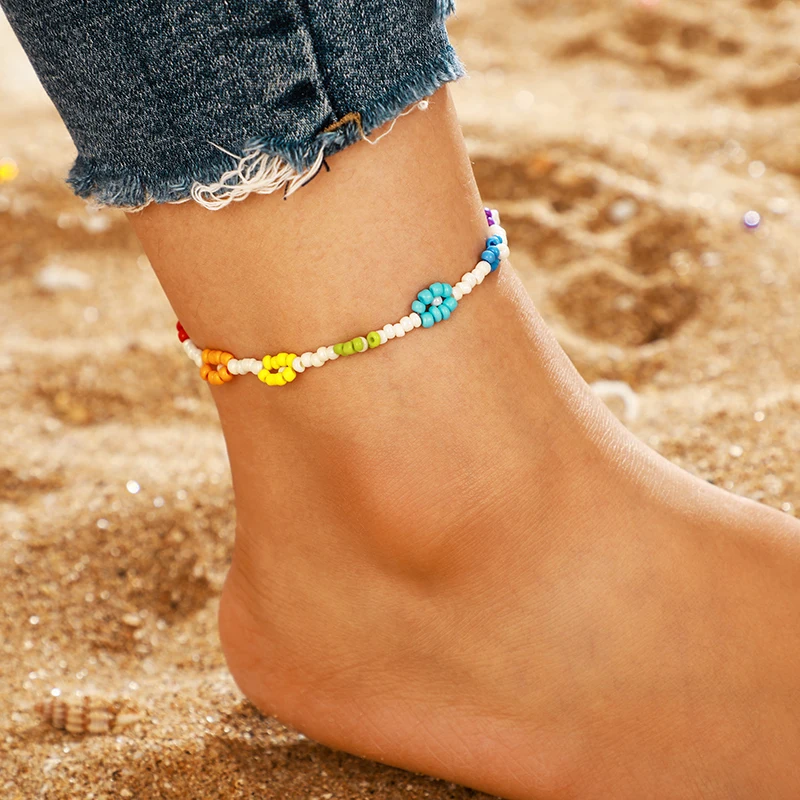 

Tocona Colorful Handmade Beads Anklet Friendship Chain Colorful Flower Anklet Bracelet on The Leg Boho Handmade jewelry 8389