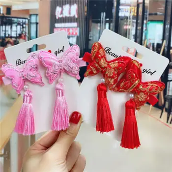 

New Chinese Style Children's Bow Hairpin Girls Hanfu Fur Ball Tassel Clip Student Performance Mink Hair Card Hair Accessories