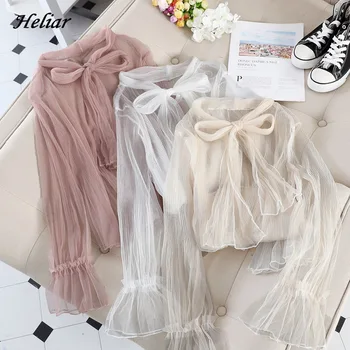 

HELIAR Women Chiffon Blouse Transparent Bowknot Neck Fairy Tops 2020 Pullovers Blouse For Women Fashion Shirt
