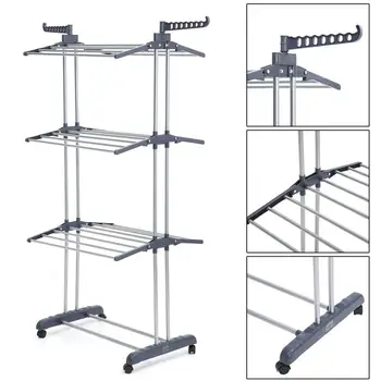 

Three Layers Clothes Dryer Multifunctional Clothes Hanger Foldable Clothing Drying Tower Garments Rack Stand With Wheels