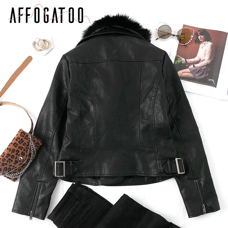Affogatoo Casual Autumn winter warm faux fur female jackets furry Detachable collar leather coat women Thick outwear ladies coat