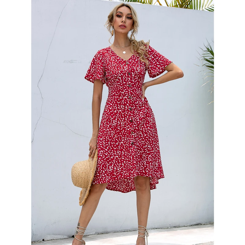 Vestido Rojo de gasa de verano las mujeres Midi Irregular de manga corta Breasted vestido casuales de mujer vestido de fiesta|Vestidos| - AliExpress