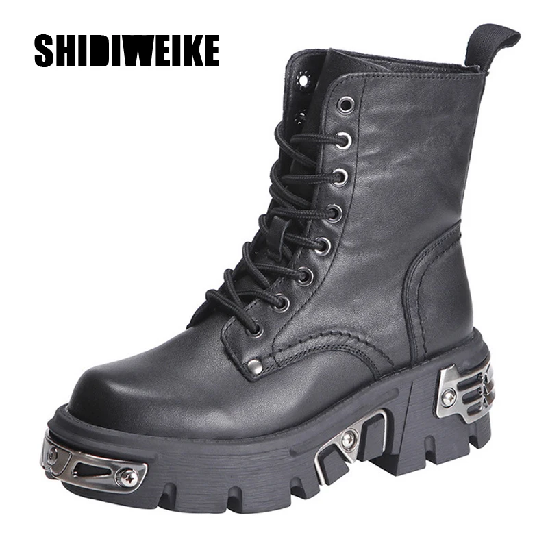 

2020 Punk Style Women Ankle Boots Black 6CM Platform Boot High Tops Military Boots Metal Decor Autumn Winter Botas Mujer J890