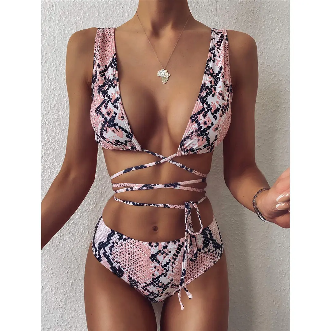 Pink Snake Skin High Waist Bikini Female Swimsuit Women Swimwear Two-piece Bikini set Wrap Around Bather Bathing Suit Swim V2417