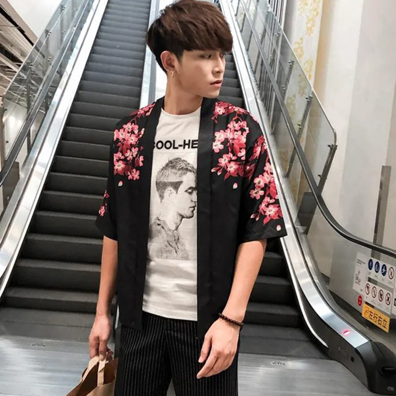 Men\'s Japanese Kimono Casual Cardigan Half Sleeves Open Front Cloak Jacket Coat SILVERCELL | Мужская одежда