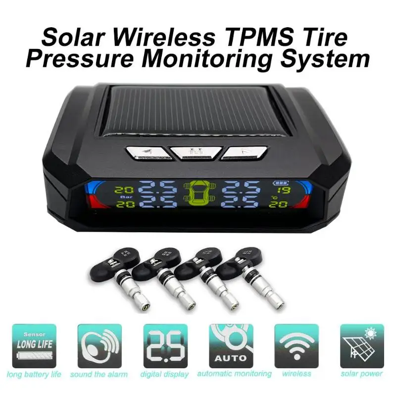 Автомобильная система контроля давления в шинах TPMS, AN-06A, солнечный ЖК-дисплей с 4 датчиками, стабильный сигнал, сигнализация большого объема, звуковое оповещение