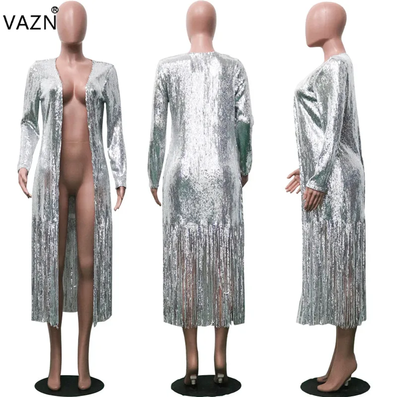 VAZN/ г. Весенняя популярная пикантная Женская однотонная тонкая верхняя одежда длинные пальто с длинным рукавом с открытым стежком женские пальто с блестками и кисточками SN3497