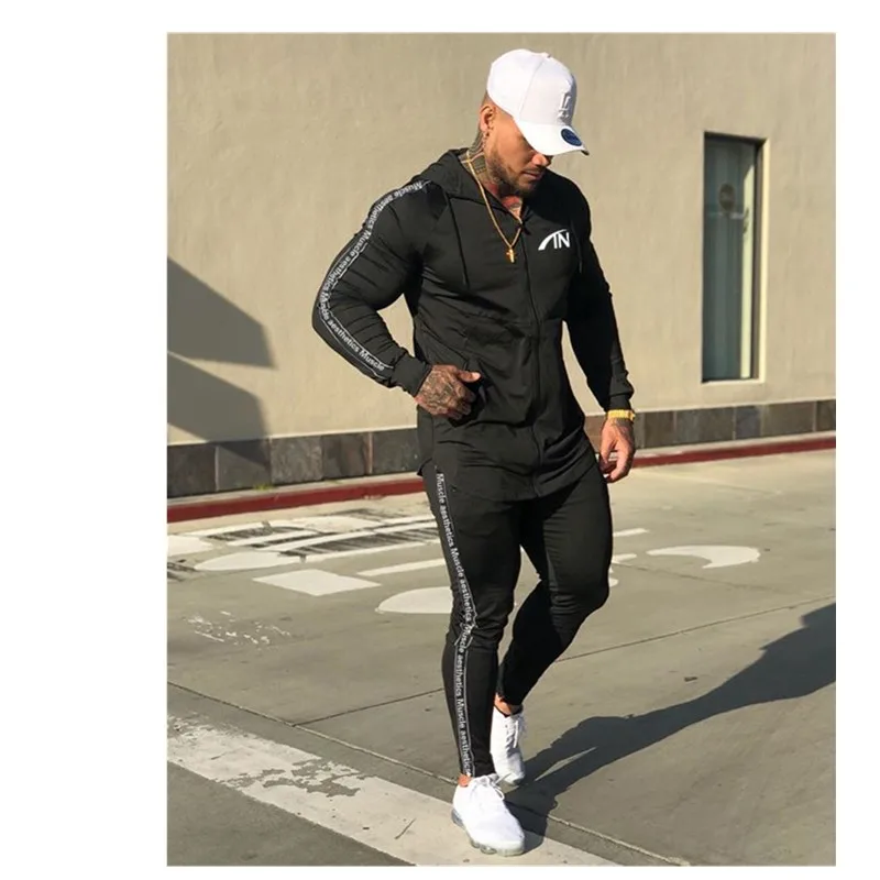 Модный мужской повседневный спортивный комплект с принтом, весенний спортивный костюм с длинным рукавом, толстовка с капюшоном, спортивные штаны для фитнеса, тренировочный костюм для бега - Цвет: Style 2 black