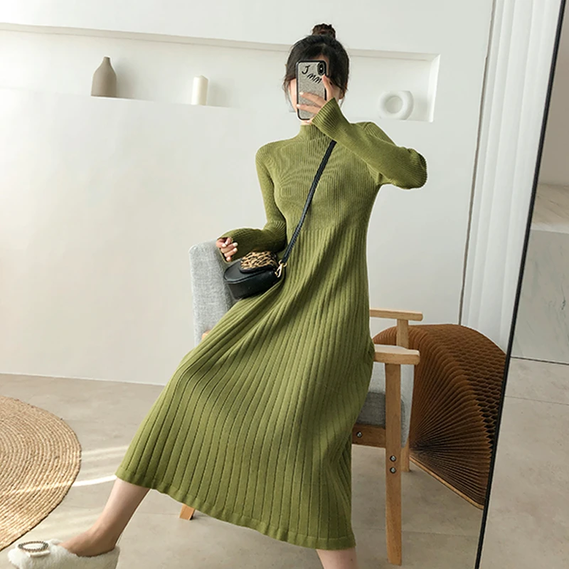 Autumn Winter One Piece Knitting Dress Women Korean Solid Turtleneck Bottoming Sweater Midi Maxi Dresses Robe Femme Black Dress Dresses Aliexpress