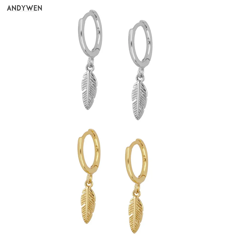 ANDYWEN 925 Sterling Silver 8.5mm Leafs Drop Earring Pendientes Piercing Europeans Luxury Rock Punk Women Round Ring Jewelry