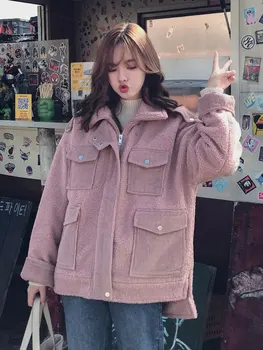 

Lambs wool coat women's short style fall winter new Korean loose thickened student corduroy cotton coat fashion