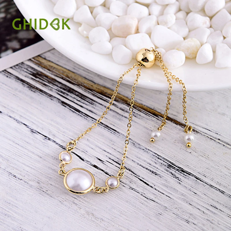

GHIDBK Handmade Gold Beaded and Simulated Pearls Bracelets Minimalist Adjustable Faux Pearl Bangles Everyday Dainty Bracelet