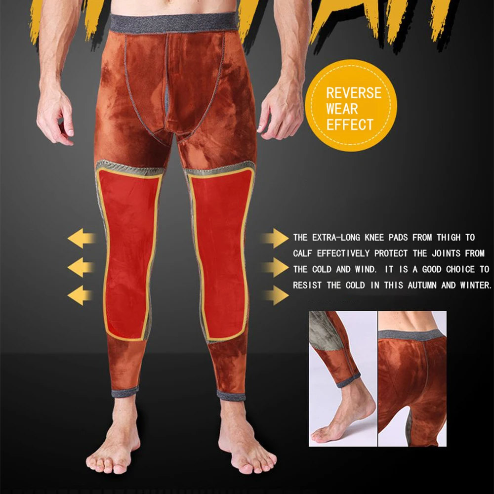 Thermal Underwear Pants Men Winter Warm Tights Pants Knee Pads Plus Velvet Padded Cotton Pants Male Leggings Long Johns Cold summer new beach casual men shorts straight ripped knee length denim shorts drawstring loose hole male short jeans