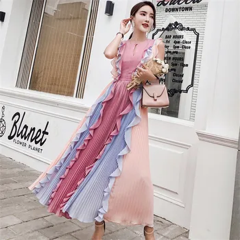 

Runway Summer Dress Patchwork Sleeveless Pleated Ruffles Rainbow Chiffon Dress Women Designer Long Maxi Dress Vintage 2020 A769