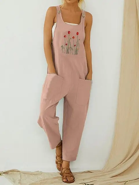 Womens Dungarees Print Rompers 2021 Summer New Ladies Casual Loose Linen Cotton Jumpsuit Sleeveless Pocket Overalls Playsuit 3A1840-Pink