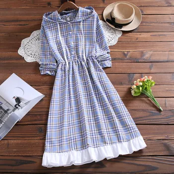 

Japanese Mori Girl Fall Women Long Dress Bright Plaid Blue Hooded Vintage Dress Elegant Kawaii Cotton Linen Lady Midi Dress
