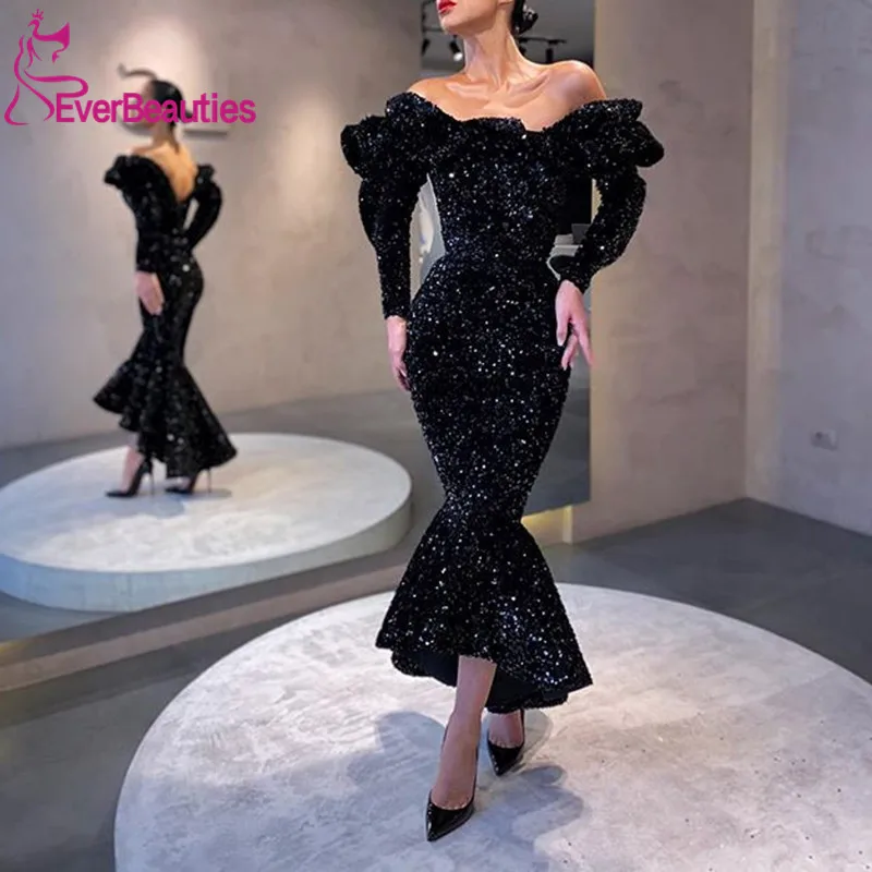 

Black Mermaid Long Sleeves Evening Dresses 2020 Sequins Formal Dresses Abiye Gece Elbisesi Robe De Soiree