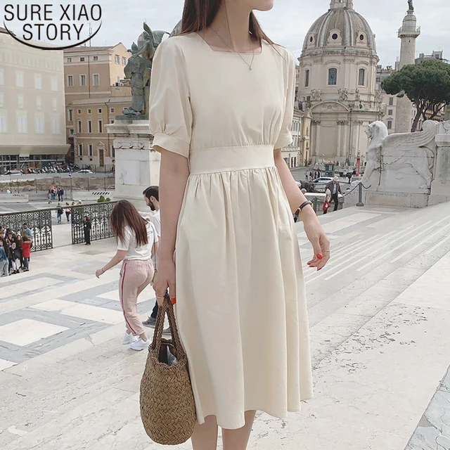 Cotone e lino moda 2022 estate stile francese donna elegante collo quadrato  vita alta manica corta abito solido abiti 9675|Dresses| - AliExpress