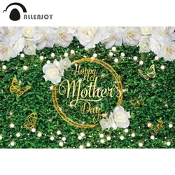 Allenjoy Happy Mother's Day Backdrop White Flowers Green Grass Wall Decorations Banner Photography Background Photo Booth