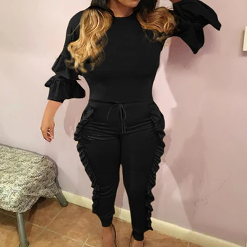 

2019 New Design Stringy Selvedge Jumpsuits Autumn Ruffles Full Sleeve Drawstring Casual Romper Black Club Sexy One Piece Outfit