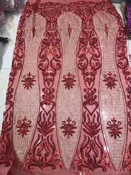 

RED African Lace Fabric Embroidered Nigerian Sequins Lace Fabric High Quality French Tulle Lace Fabric For Women Wedding