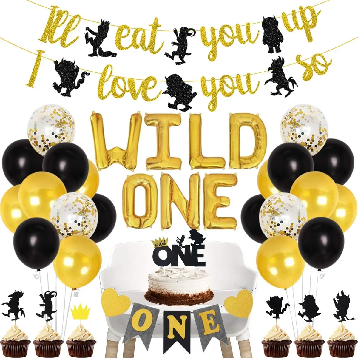 

Wild One Birthday Supplies Black Gold I'll Eat You Up I Love You So Banner Cake Topper for Boys 1st Birthday Party Decorations