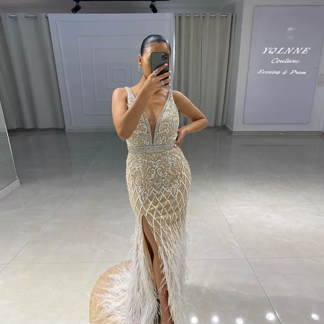 Luxury White Feathers Split Evening Dresses For Pageant Long Nude Tulle Diamonds Beaded Mermaid Party Gown Competition Women 1