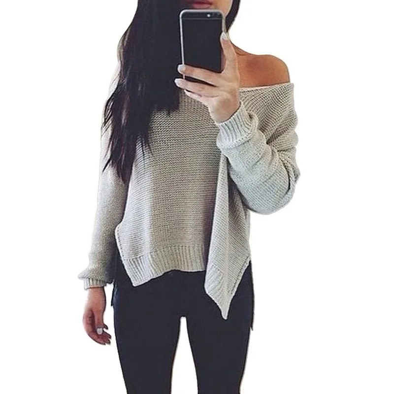 

2019 autumn and winter sweater women long sleeves sweaterV collar split strapless women sweater