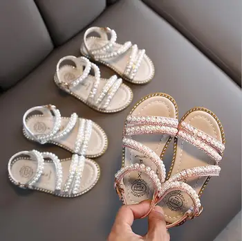 

New Kids Pearl Sandals Girls Shiny Summer Party Shoes Children Beach Sandals For Girls Princess Sandals Kids Size 21-35