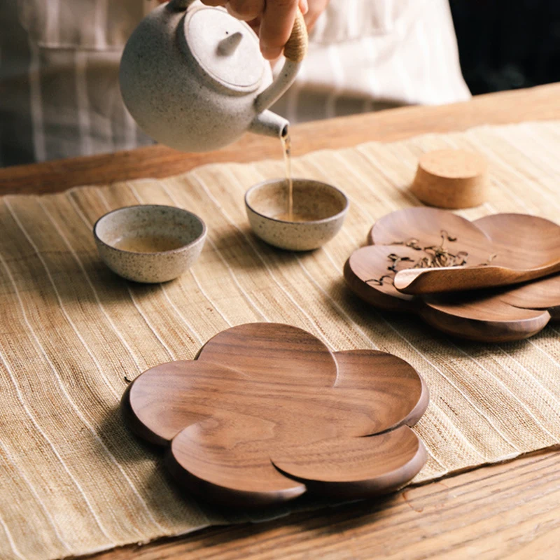 Japanese Style Walnut Wood Coasters Placemats Decor Petal Heat