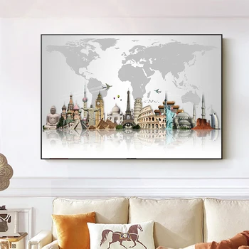 

World Famous Building Posters and Prints Wall Art World Tourist Attraction Map Canvas Paintings Modern Art Pictures Home Decor