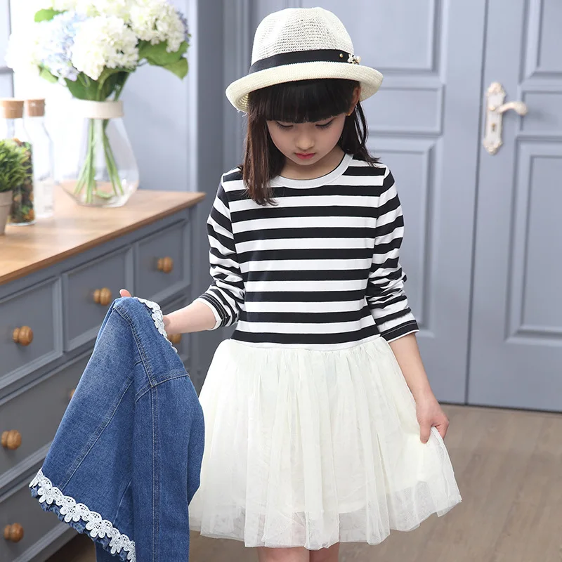 

Childrenswear 2019 Spring New Style Girls Big Boy Lace Jeans Coat + Striped Dress Two-Piece Set