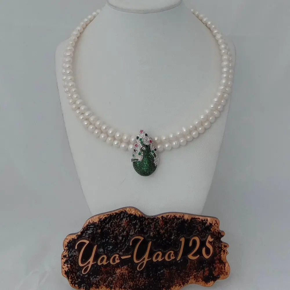 

18" 2Strands White Pearl Choker Necklace CZ Pave Peacock Pendant