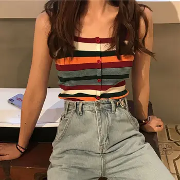 

Summer Striped Strappy Knit Sling Women Tops Patchwork Sleeveless Sexy Ladies Knitted Camis Tops
