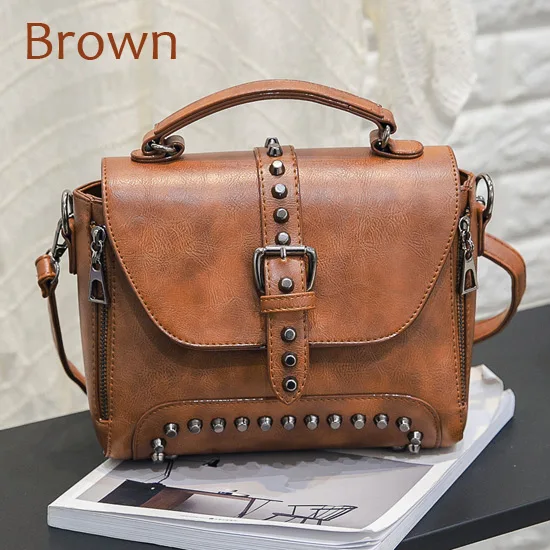 Brown Новинка, женские сумки-мессенджеры, винтажная сумка, женская сумка через плечо, для дам, с заклепками, маленькие сумки, высокое качество, для девушек, мотоциклетная сумка - Цвет: Brown