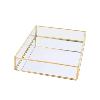 

Fashion European Gold Glass Metal Storage Tray Plate Makeup Plate Perfume Plate Desktop Small Items Jewelry Display Tray Mirror