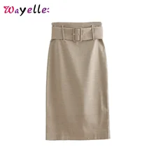 Клетчатые юбки женские Хаундстут с поясом женские юбки задние отверстия офисные женские клетчатые миди юбка Женская высокая талия юбка