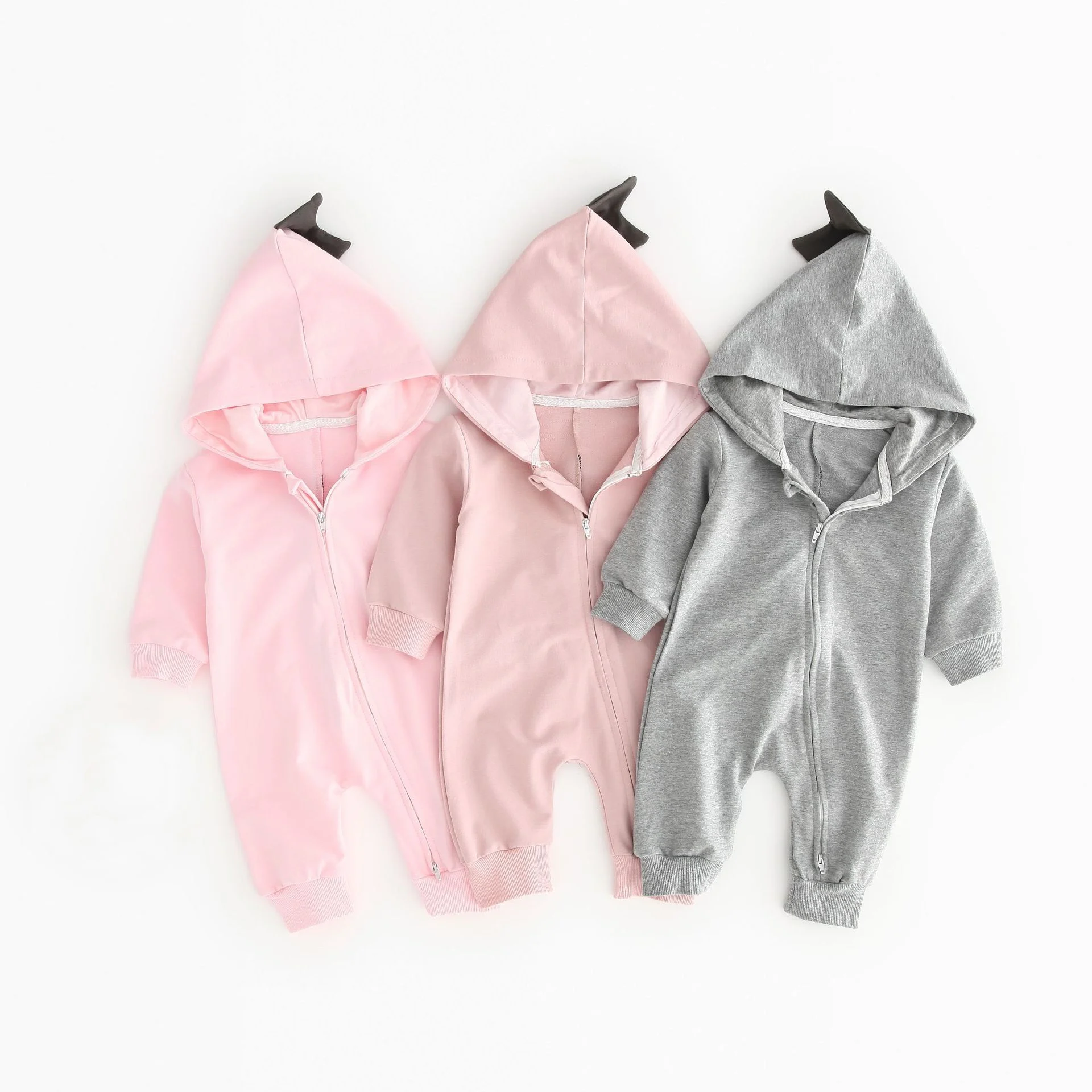 

Snap Up 0-2 Years Baby Long Sleeve Hooded Romper Front Zipper Pure Color Long Jumpsuit Novelty Dinosaur Hoodies Costume