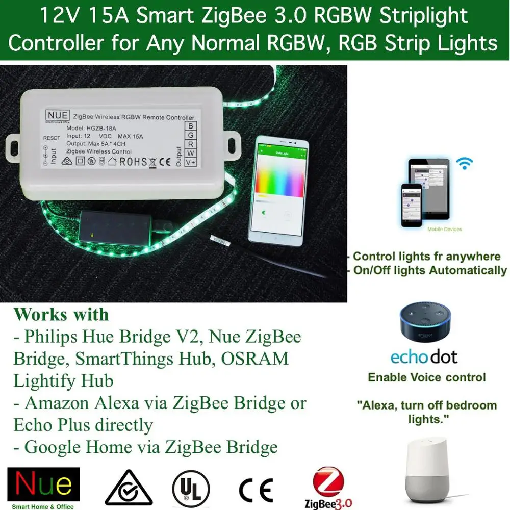 Умный ZigBee полосы света переключатель управления Лер для Echo Alexa Голосовое управление приложение для смартфона rgbw-контроль или белый цвет JK276