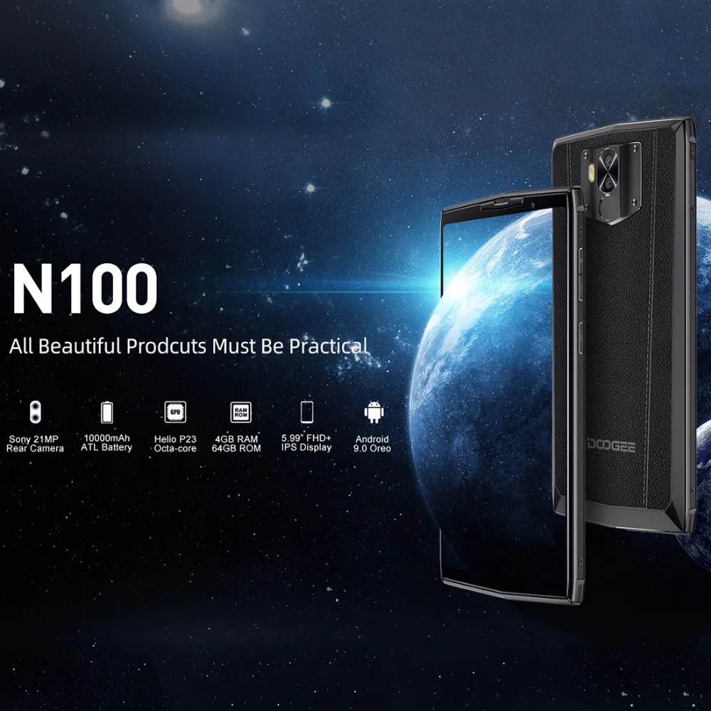 DOOGEE N100 мобильный телефон Android 9,0 MTK6763 Helio P23 Восьмиядерный 4 Гб ОЗУ 64 Гб ПЗУ 5,9" FHD+ дисплей Лицо ID 10000 мАч батарея 4G