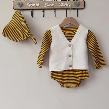 

Autumn Newborn Baby Ribbed Bodysuit With Hat Boy Girls Long Sleeve Striped Jumpsuit Kids Knitted Sweater Vest Clothes Outfits