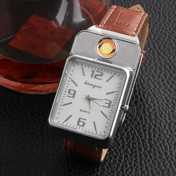 

2020 Fashion Rectangle Watches Men USB Rechargable Lighter Watches Windproof Flameless Cigarette Lighter Watch Quartz Wristwatch
