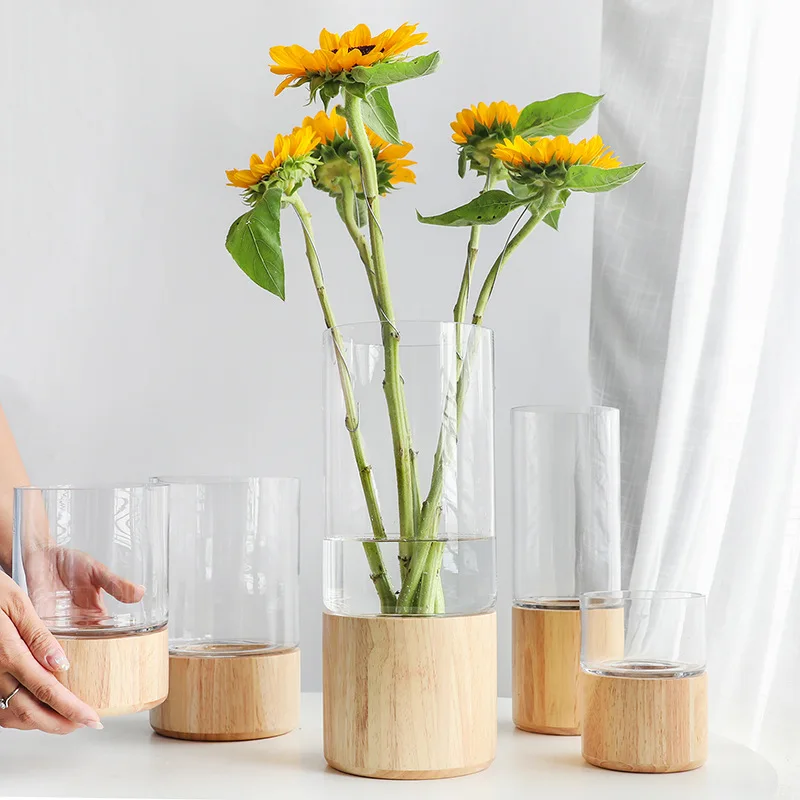Скандинавские Ins легкие Роскошные простые домашние сплошное деревянное основание прозрачная стеклянная ваза Цветочная композиция мягкое украшение